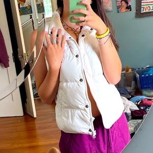 White puffy J. Crew vest with buttons and zipper